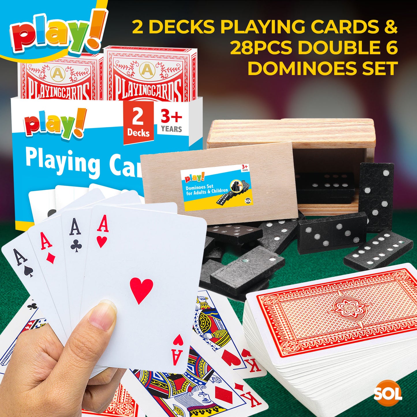 2 Pack Playing Cards Plastic Coated & 28 Dominoes Game Set Wooden Box Dominos