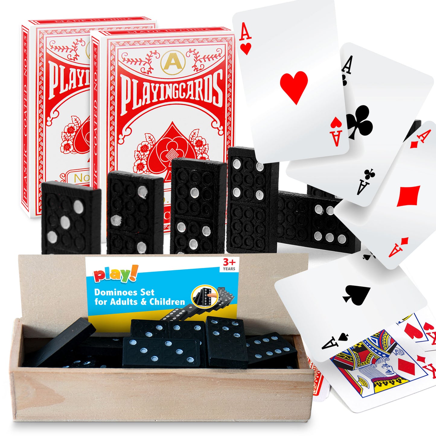 2 Pack Playing Cards Plastic Coated & 28 Dominoes Game Set Wooden Box Dominos