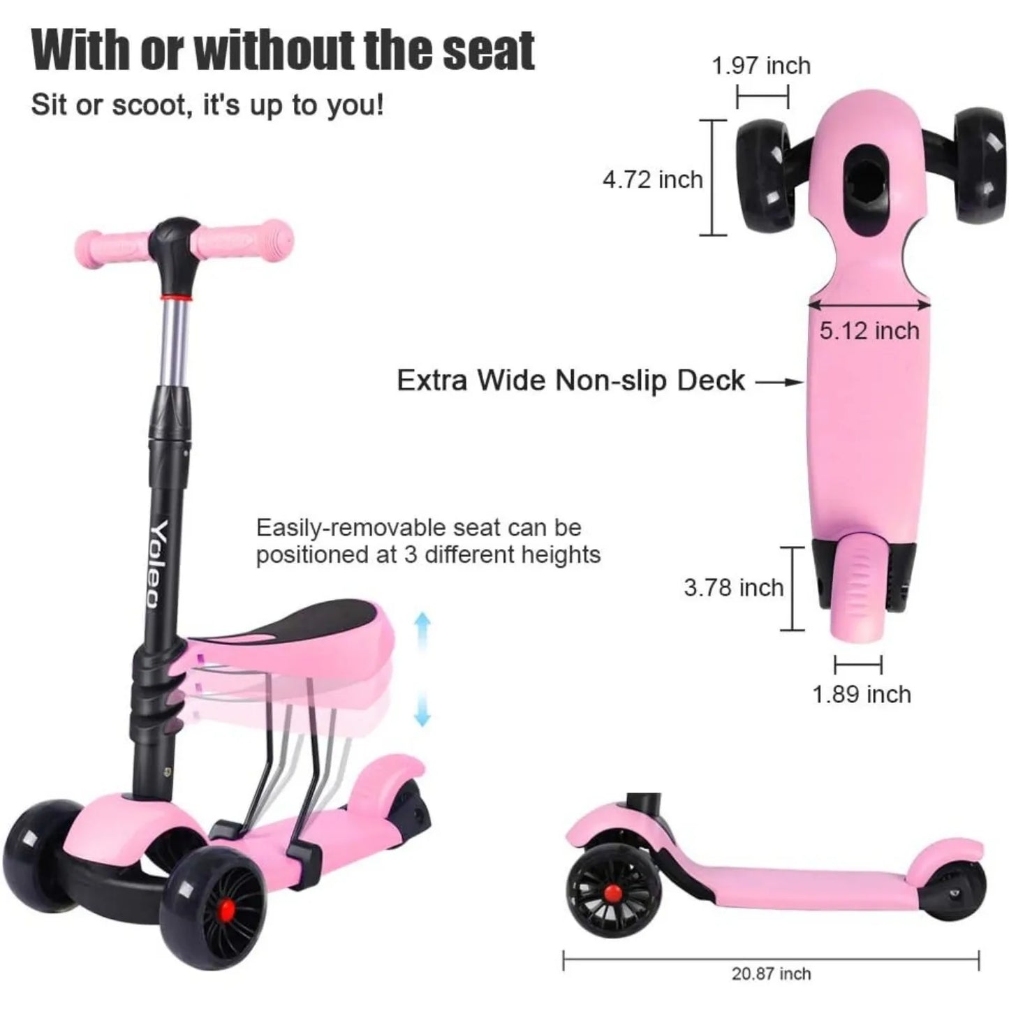 Kids Three Wheel Kick Scooter, LED Flashing Wheels, Height Adjustable