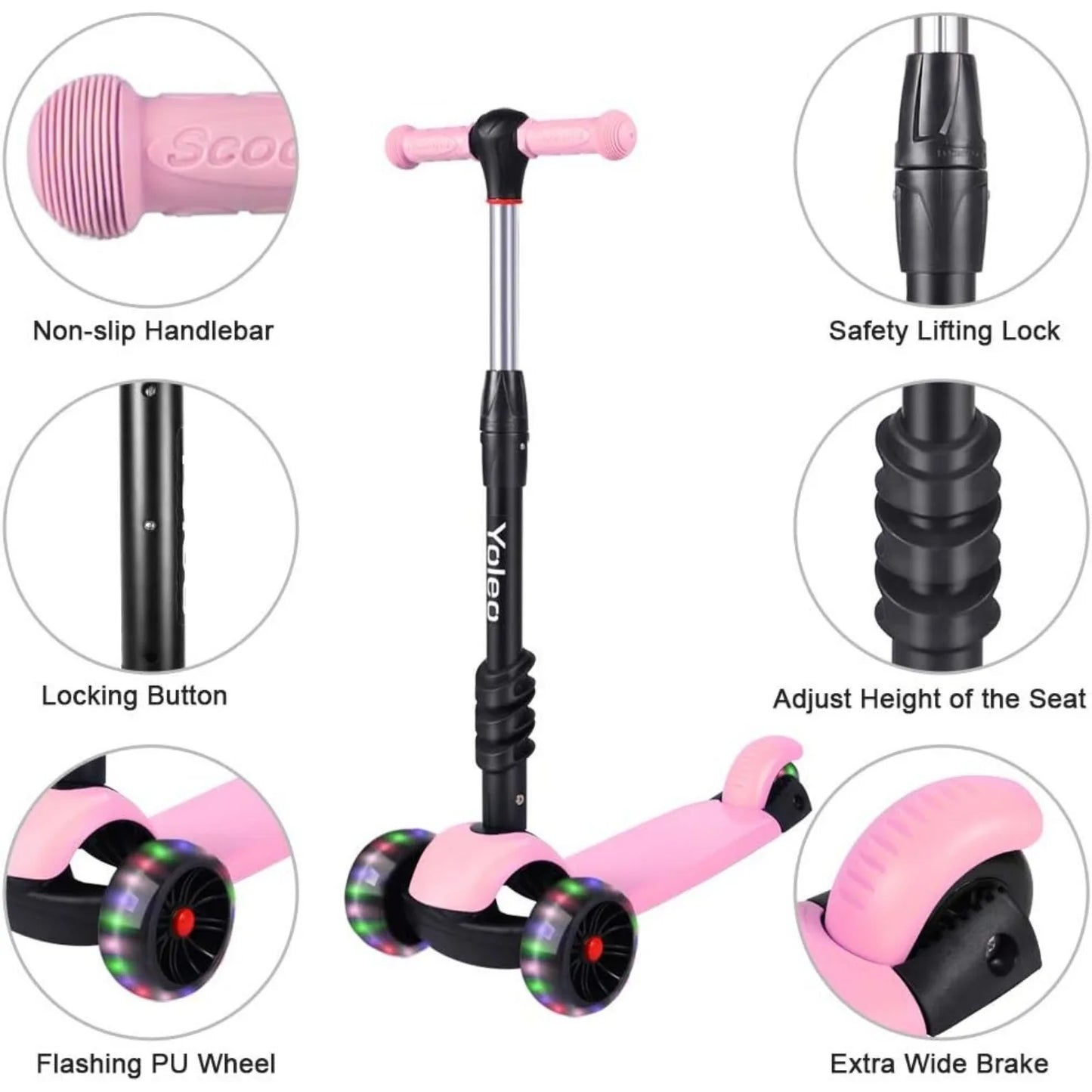 Kids Three Wheel Kick Scooter, LED Flashing Wheels, Height Adjustable