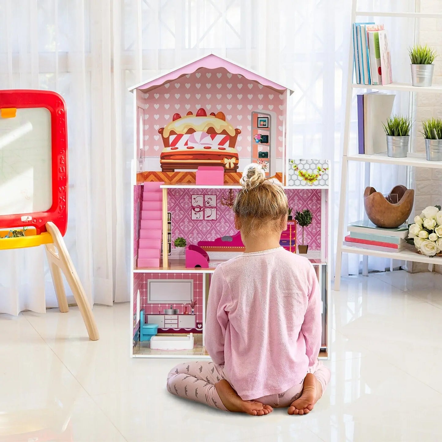 Wooden Dolls House Large 3-Storey Dollhouse with Simulated Rooms DIY Playhouse