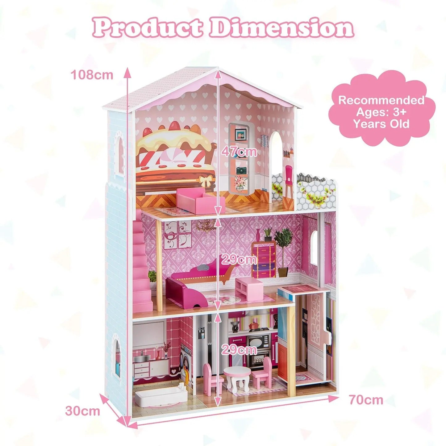 Wooden Dolls House Large 3-Storey Dollhouse with Simulated Rooms DIY Playhouse