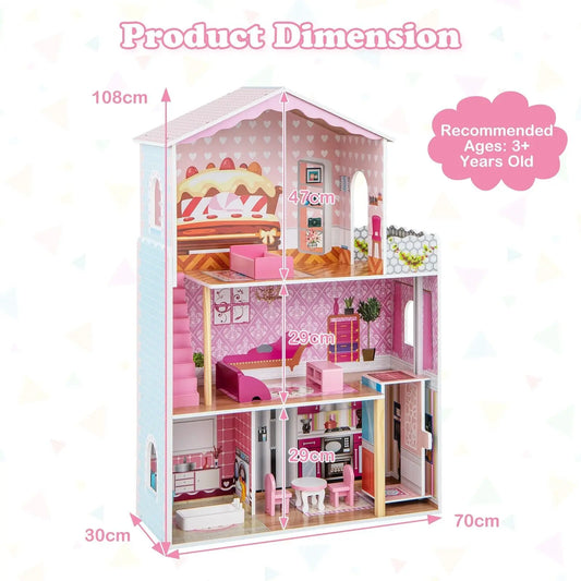 Wooden Dolls House Large 3-Storey Dollhouse with Simulated Rooms DIY Playhouse