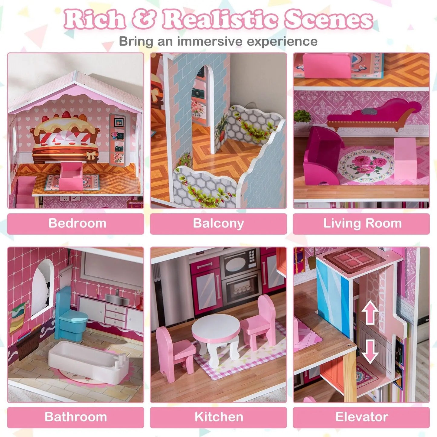 Wooden Dolls House Large 3-Storey Dollhouse with Simulated Rooms DIY Playhouse