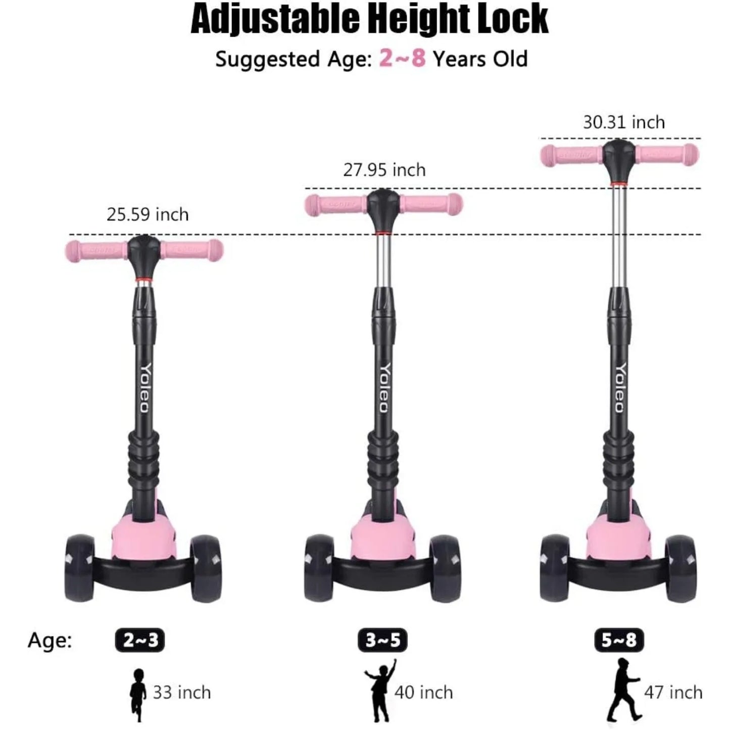 Kids Three Wheel Kick Scooter, LED Flashing Wheels, Height Adjustable